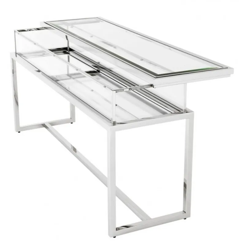 Casa Padrino Luxus Glas Vitrine Edelstahl Poliert B 160 x T 45 x H 77 cm Konsole Ladeneinrichtung - Art Deco Möbel Sichere Zahlung