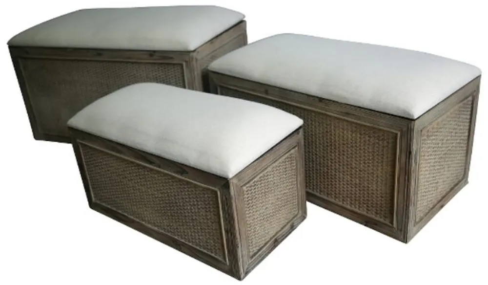 Casa Padrino Landhausstil Sitzbank 3er Set Braun / Beige - Handgefertigte Sitzbänke mit Stauraum und gepolsterten Sitzflächen Zertifiziert