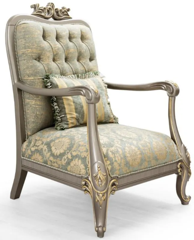 Jetzt Zugreifen Casa Padrino Luxus Barock Sessel Grün / Gold / Grau / Gold 76 x 87 x H. 117 cm - Prunkvoller Barockstil Wohnzimmer Sessel mit elegantem Muster - Barock Möbel