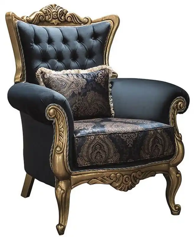 Großhandel Casa Padrino Luxus Barock Sessel mit Glitzersteinen und dekorativem Kissen Blau / Gold 90 x 85 x H. 110 cm - Barock Möbel