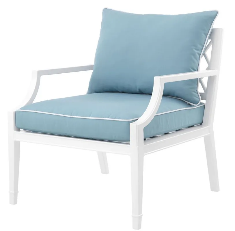 Casa Padrino Luxus Sessel mit Kissen Weiß / Hellblau 68,5 x 80 x H. 79 cm - Sessel aus hochwertigen strapazierbarem Aluminium - Wohnzimmermöbel - Gartenmöbel - Gastronomie Möbel Sonderangebot