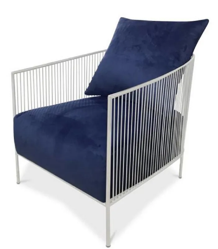 Casa Padrino Luxus Sessel Blau / Silber 69 x 78 x H. 88 cm - Edelstahl Sessel mit edlem Samtstoff - Designermöbel Zertifiziert