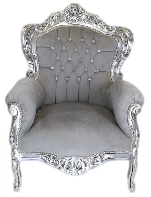 Casa Padrino Barock Sessel King Grau / Silber m. Bling Bling Glitzersteinen Limited Edition