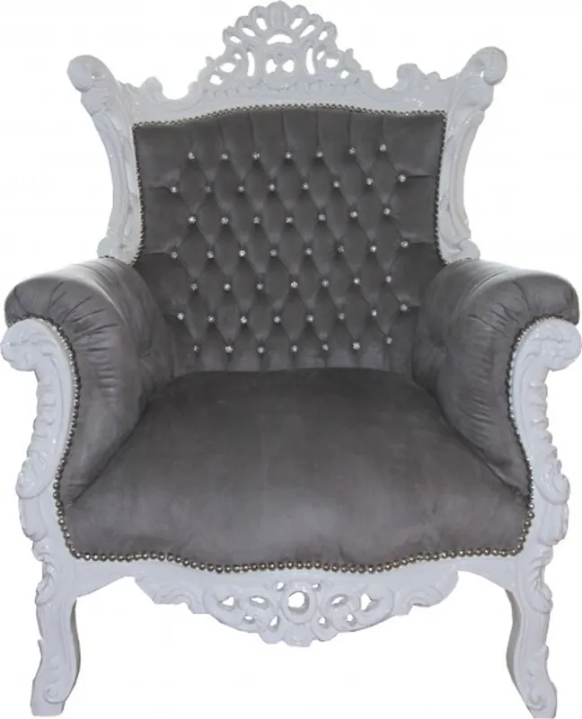 Markenware Casa Padrino Barock Sessel Al Capone Grau / Weiß mit Glitzersteinen