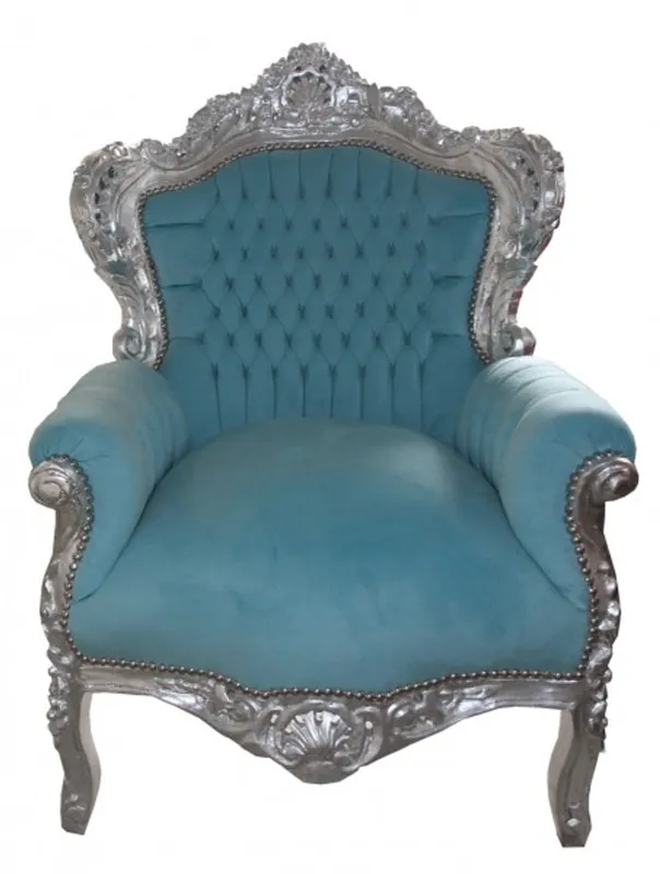 Garantierte Lieferung Barock Sessel "King" Blau/ Silber Möbel Antik Stil