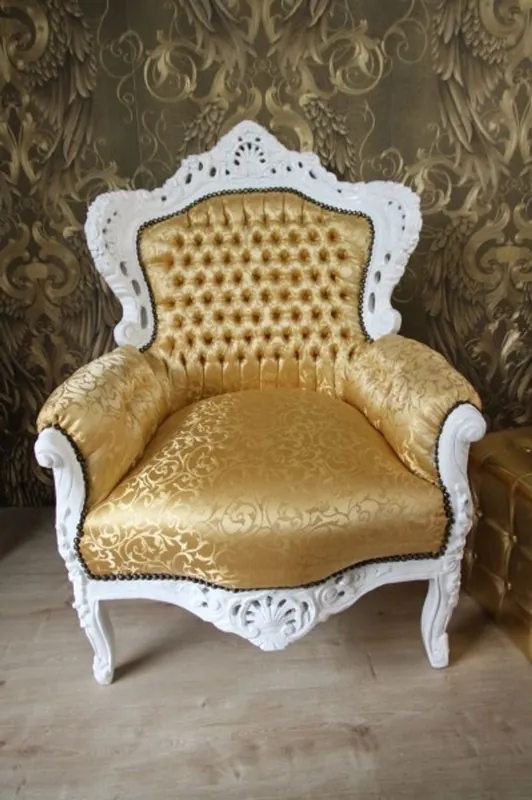 Top-Qualität Barock Sessel King Gold Muster / Weiss - Möbel Antik Stil