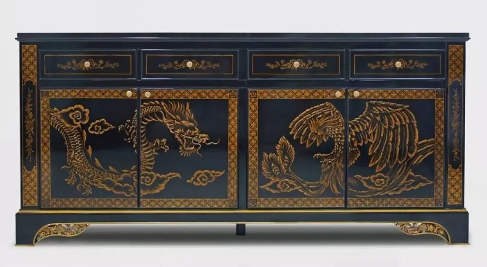 Nur Heute Casa Padrino Luxus Barock Sideboard im chinesischen Stil Schwarz / Gold - Barockstil Massivholz Schrank mit 4 Schubladen & 4 Türen - Luxus Esszimmer Möbel im Barockstil - Barock Esszimmer Möbel