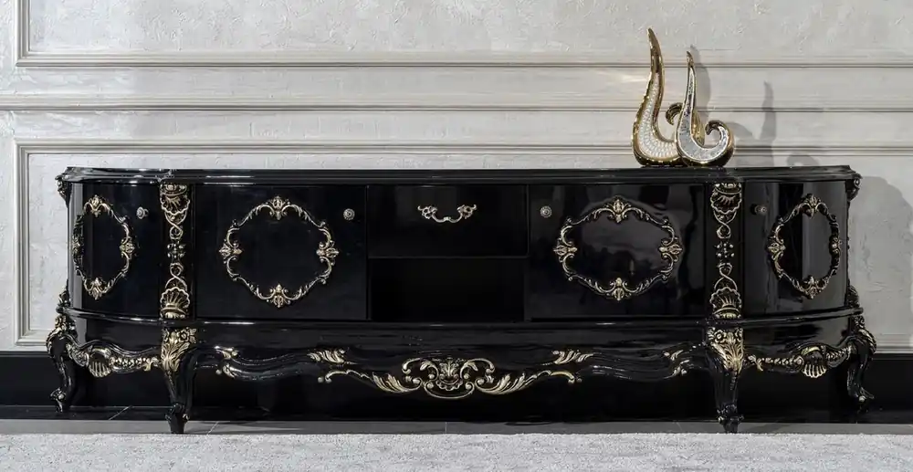 Casa Padrino Luxus Barock TV Schrank Schwarz / Gold - Prunkvolles Massivholz Sideboard mit 4 Türen und Schublade - Wohnzimmer Möbel im Barockstil - Barock Möbel - Edel & Prunkvoll Top-Preis