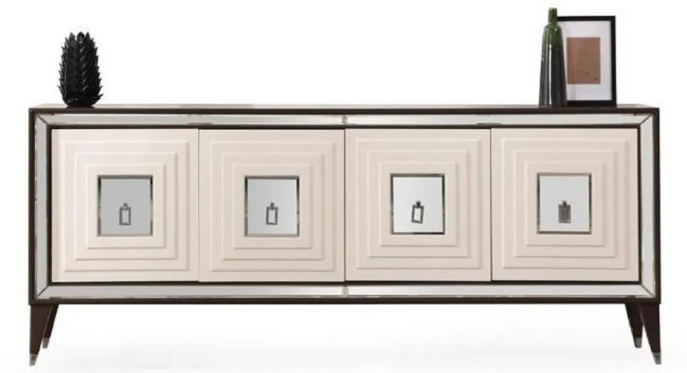 Echt Casa Padrino Luxus Sideboard Dunkelbraun / Creme / Silber 220 x 48 x H. 90 cm - Verspiegelter Massivholz Schrank mit 4 Türen - Esszimmer Möbel - Luxus Möbel - Luxus Einrichtung