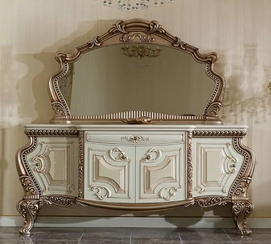 Original Casa Padrino Luxus Barock Möbel Set Weiß / Beige / Kupferfarben - 1 Barock Sideboard & 1 Barock Wandspiegel - Handgefertigte Barock Möbel - Edel & Prunkvoll