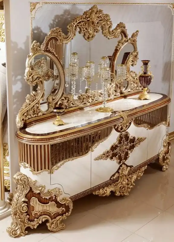 Casa Padrino Luxus Barock Möbel Set Weiß / Braun / Gold - 1 Barock Sideboard mit 4 Türen & 1 Barock Wandspiegel - Handgefertigte Barock Möbel - Edel & Prunkvoll Angebot
