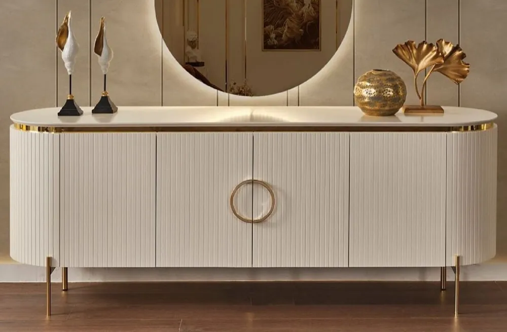 Casa Padrino Luxus Sideboard Weiß / Gold 210 x 52 x H. 78 cm - Edler Massivholz Schrank mit 4 Türen - Luxus Möbel Heute Kaufen