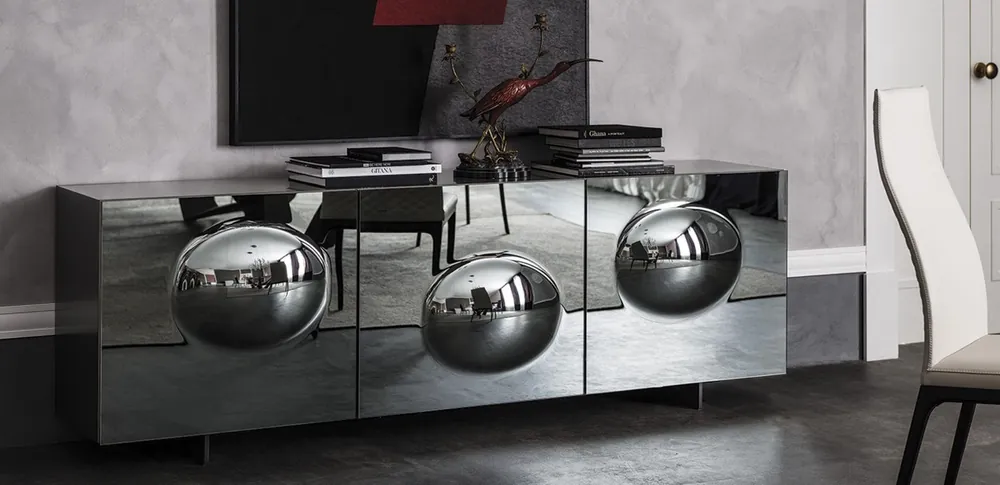 Hochwertig Casa Padrino Luxus Designer Sideboard Graphit Matt 200 x 50 x H. 73 cm - Moderner Massivholz Schrank mit 3 verspiegelten Türen - Luxus Möbel
