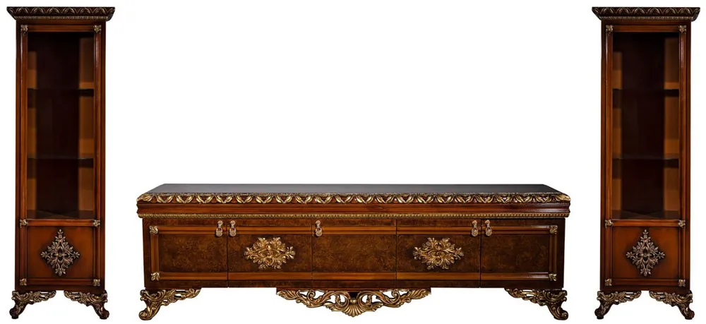 Original Casa Padrino Luxus Barock Möbel Set Braun / Gold - Edler Massivholz TV Schrank mit 2 Vitrinen - Barock Wohnzimmer Möbel