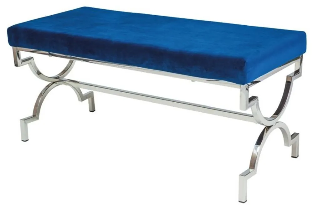 Günstig Casa Padrino Luxus Sitzbank Marineblau / Silber 99 x 43 x H. 46 cm - Gepolsterte Samt Bank mit verchromtem Edelstahl Gestell - Wohnzimmer Möbel