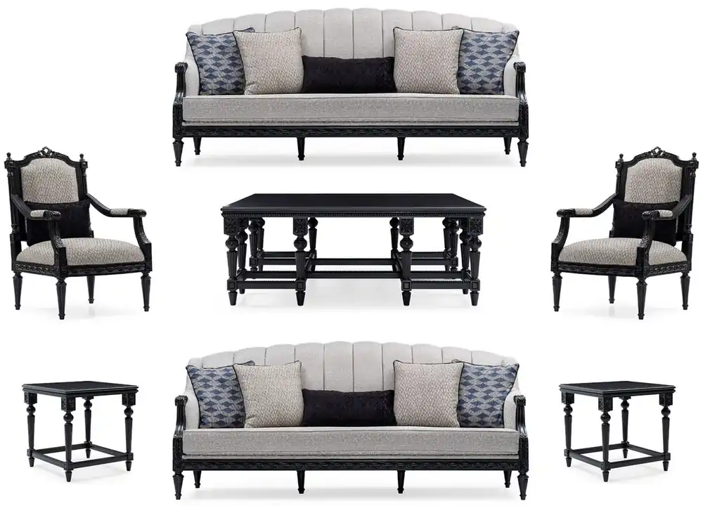 Casa Padrino Luxus Barock Wohnzimmer Set Silber / Schwarz - 2 Sofas & 2 Sessel & 1 Couchtisch & 2 Beistelltische - Handgefertigte Wohnzimmer Möbel im Barockstil - Edel & Prunkvoll Nur Heute