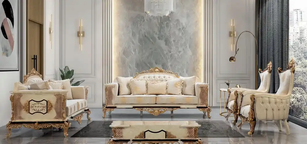 Hochwertig Casa Padrino Luxus Barock Wohnzimmer Set Weiß / Beige / Gold - 2 Barock Sofas & 2 Barock Sessel & 1 Barock Couchtisch - Luxus Wohnzimmer Möbel im Barockstil - Barock Möbel - Edel & Prunkvoll