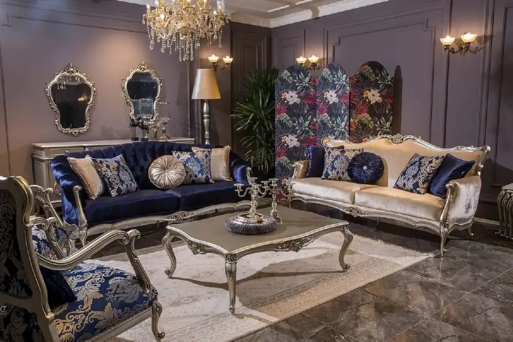Saisonangebot Casa Padrino Luxus Barock Wohnzimmer Set Blau / Rosa / Silber - 2 Barock Sofas & 2 Barock Sessel & 1 Barock Couchtisch - Wohnzimmer Möbel im Barockstil - Barock Möbel - Barock Einrichtung