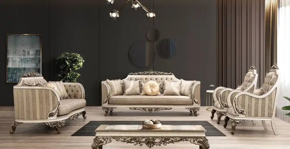 Casa Padrino Luxus Barock Wohnzimmer Set Beige / Cremefarben / Braun / Gold - 2 Sofas & 2 Sessel & 1 Couchtisch - Handgefertigte Wohnzimmer Möbel im Barockstil - Edel & Prunkvoll Top-Seller