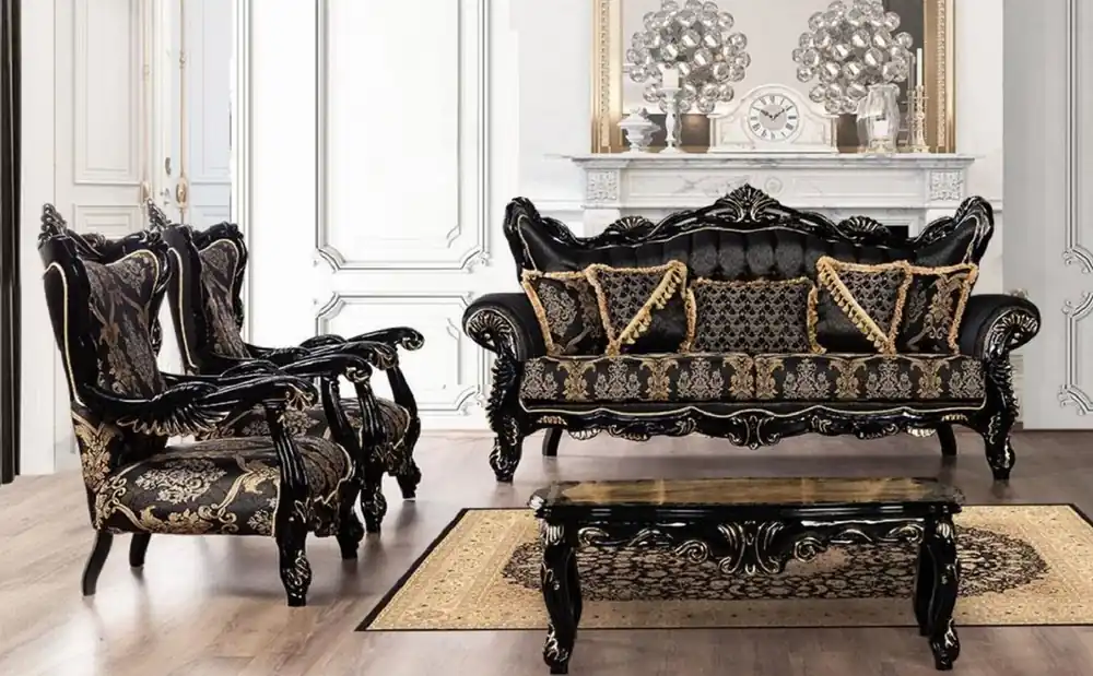 Sichere Zahlung Casa Padrino Luxus Barock Wohnzimmer Set Schwarz / Gold - 2 Sofas mit Muster & 2 Sessel mit Muster & 1 Couchtisch - Prunkvolle Barock Wohnzimmer Möbel