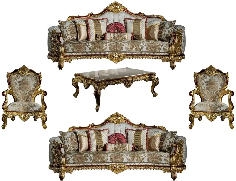 Casa Padrino Luxus Barock Wohnzimmer Set Grau / Rot / Gold - 2 Sofas & 2 Sessel & 1 Couchtisch - Wohnzimmer Möbel im Barockstil - Edel & Prunkvoll Preisreduziert