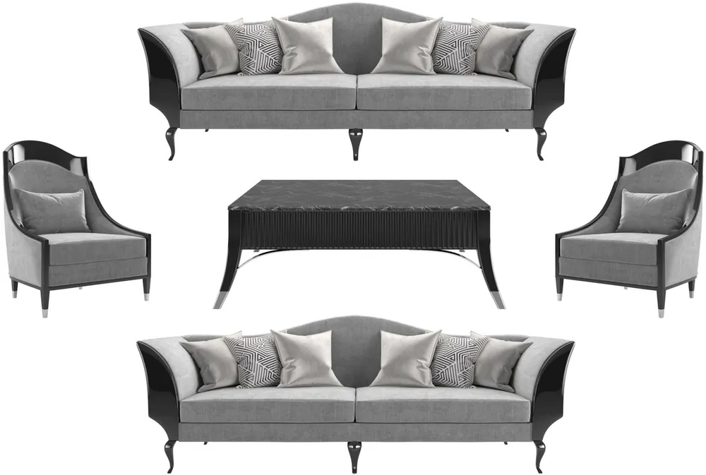 Top-Qualität Casa Padrino Luxus Art Deco Wohnzimmer Set Grau / Schwarz / Silber - 2 Sofas & 2 Sessel & 1 Couchtisch mit Marmorplatte - Edle Art Deco Wohnzimmer Möbel