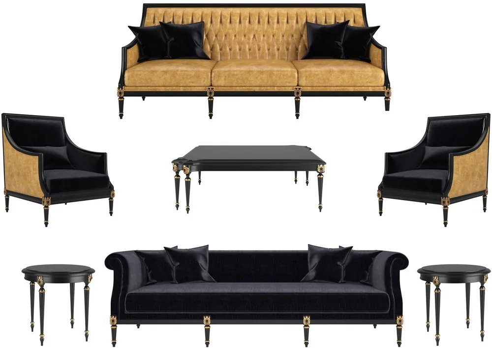 Mega-Angebot Casa Padrino Luxus Barock Wohnzimmer Set Gold / Schwarz / Antik Gold - 2 Sofas & 2 Sessel & 1 Couchtisch & 2 Beistelltische - Wohnzimmermöbel im Barockstil - Edle Barock Möbel