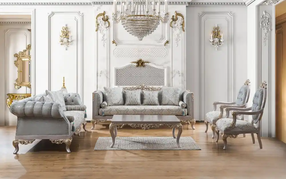 Zertifiziert Casa Padrino Luxus Barock Wohnzimmer Set Türkis / Silber / Gold - 2 Sofas & 2 Sessel & 1 Couchtisch - Wohnzimmer Möbel im Barockstil - Edel & Prunkvoll