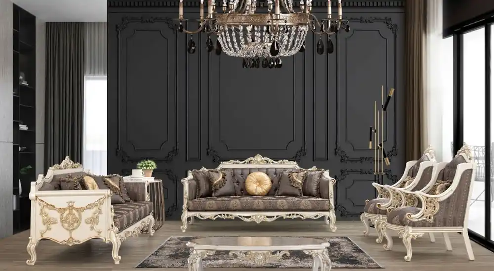 Casa Padrino Luxus Barock Wohnzimmer Set Grau / Braun / Weiß / Gold / Silber - 2 Sofas & 2 Sessel & 1 Couchtisch - Handgefertigte Barock Wohnzimmer Möbel - Edel & Prunkvoll Abverkauf