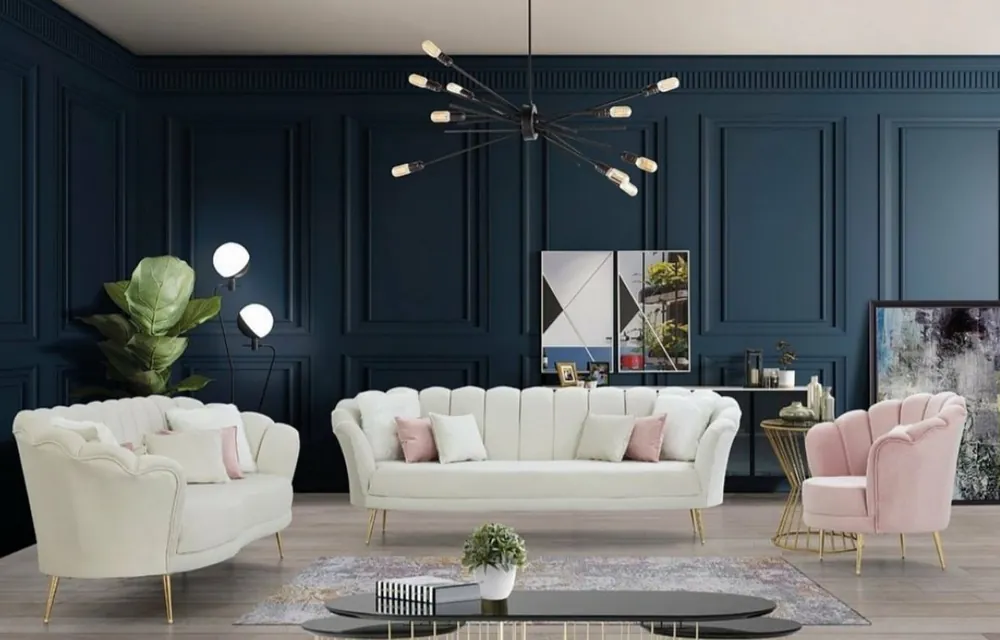 Casa Padrino Designer Art Deco Wohnzimmer Set Creme / Rosa / Gold - 2 Sofas & 2 Sessel - Wohnzimmer Möbel - Art Deco Möbel Zertifiziert