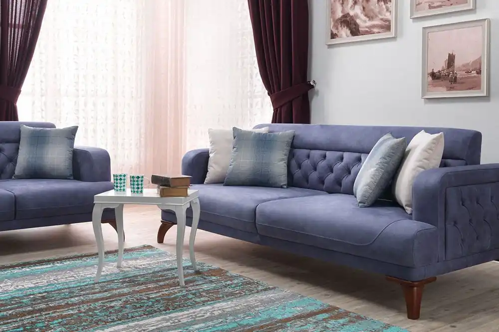 Casa Padrino Designer 3er Sofa Venice Blau / Holzfarbig - Hotel Sofa Neuheit