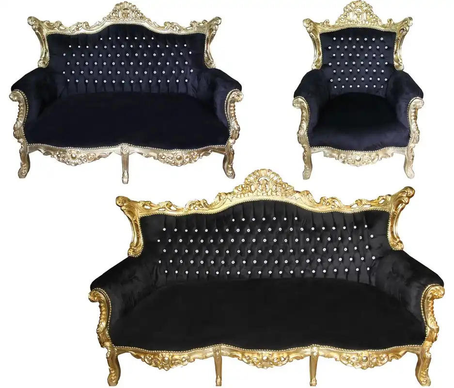 Jetzt Zugreifen Casa Padrino Barock Wohnzimmer Set Master Schwarz/Gold mit Bling Bling Glitzersteinen - 3er Sofa+2er Sofa + 1 Sessel