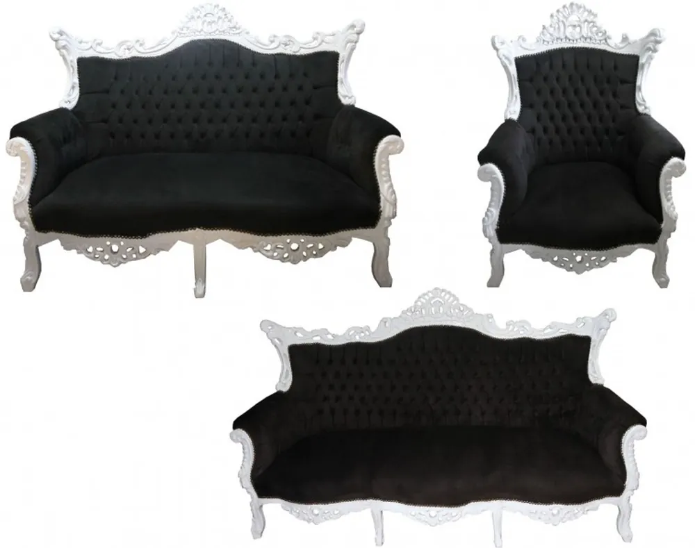 Gratis Versand Casa Padrino Barock Wohnzimmer Set Master Schwarz/Weiss - 3er Sofa+2er Sofa + 1 Sessel
