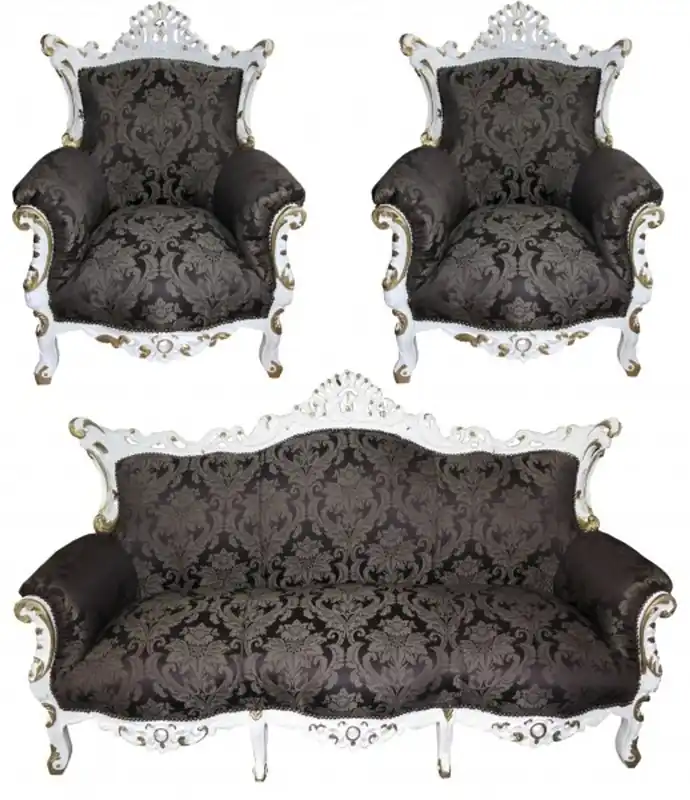 Mengenrabatt Casa Padrino Barock Wohnzimmer Set Schwarz Muster / Weiss/Gold - 3-er Sofa + 2 Sessel