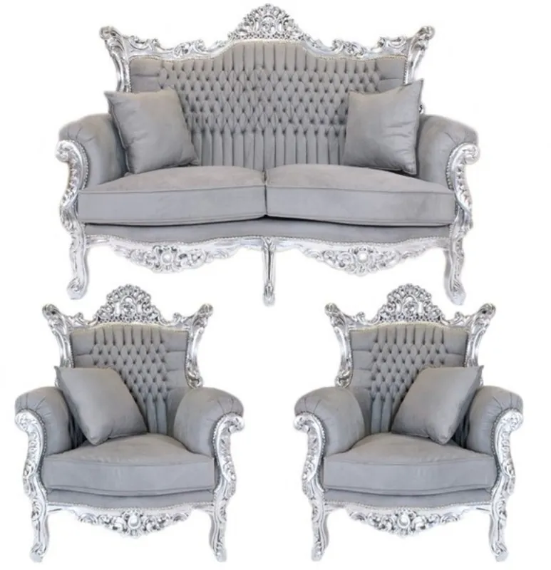 Casa Padrino Barock Wohnzimmer Set Master Grau / Silber - 2er Sofa + 2 Sessel Kracherpreis