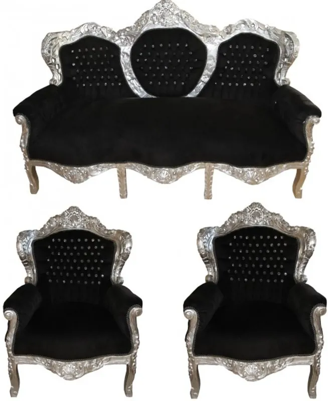 Heute Kaufen Casa Padrino Barock Wohnzimmer Set "King" Schwarz / Silber mit Bling Bling Glitzersteinen - 3-er Sofa + 2 Sessel
