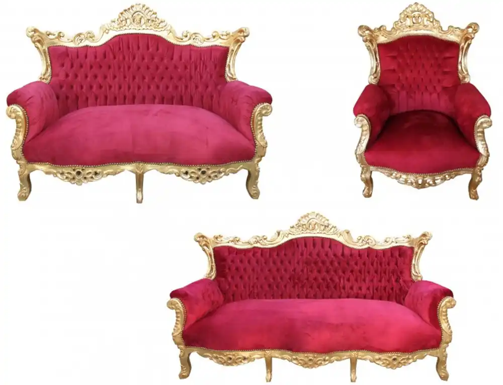 Casa Padrino Barock Wohnzimmer Set Master Bordoaux Rot/ Gold - 3er Sofa+2er Sofa + 1 Sessel - Möbel Interior Knallerangebot