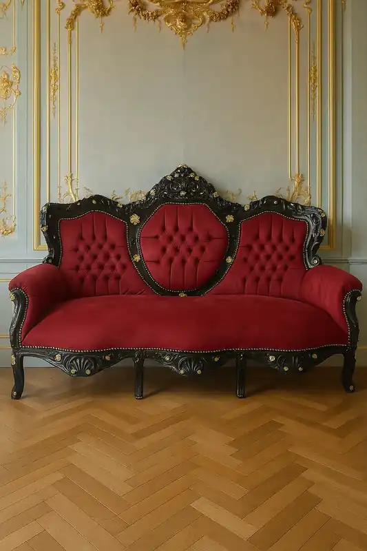 Nur Heute Casa Padrino Barock 3er Samt Sofa Bordeauxrot / Schwarz / Gold - Barock Möbel
