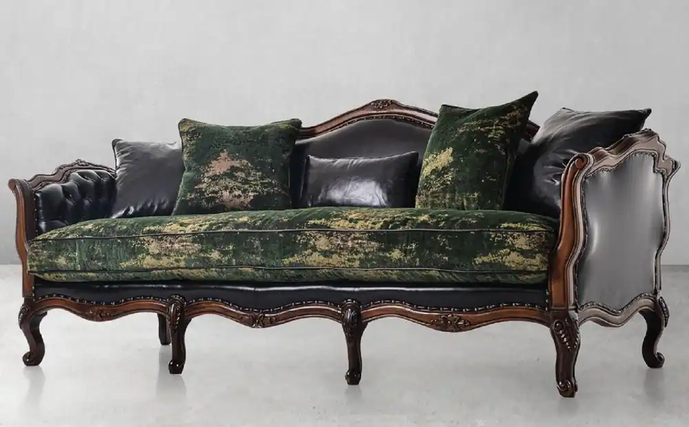 Casa Padrino Luxus Barock Leder Sofa Schwarz / Grün / Braun - Prunkvolles Wohnzimmer Sofa mit hochwertigem Echtleder - Luxus Wohnzimmer Möbel im Barockstil - Barock Möbel - Edel & Prunkvoll Exklusiv