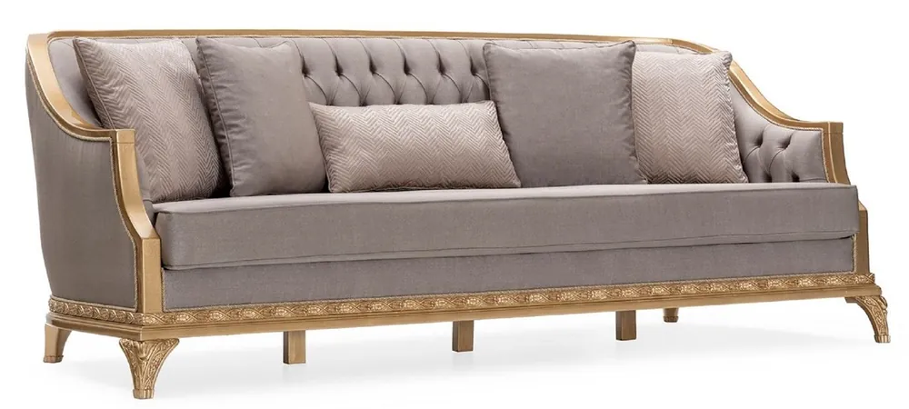 Casa Padrino Luxus Barock Wohnzimmer Sofa Grau / Gold - Handgefertigtes Barockstil Sofa mit dekorativen Kissen - Luxus Wohnzimmer Möbel im Barockstil - Barock Möbel Must-Have