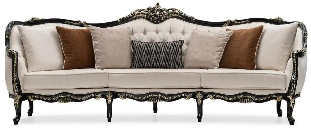 Casa Padrino Luxus Barock Wohnzimmer Sofa Creme / Schwarz / Gold - Handgefertigtes Barockstil Sofa mit dekorativen Kissen - Luxus Wohnzimmer Möbel im Barockstil - Barock Möbel - Edel & Prunkvoll Sale