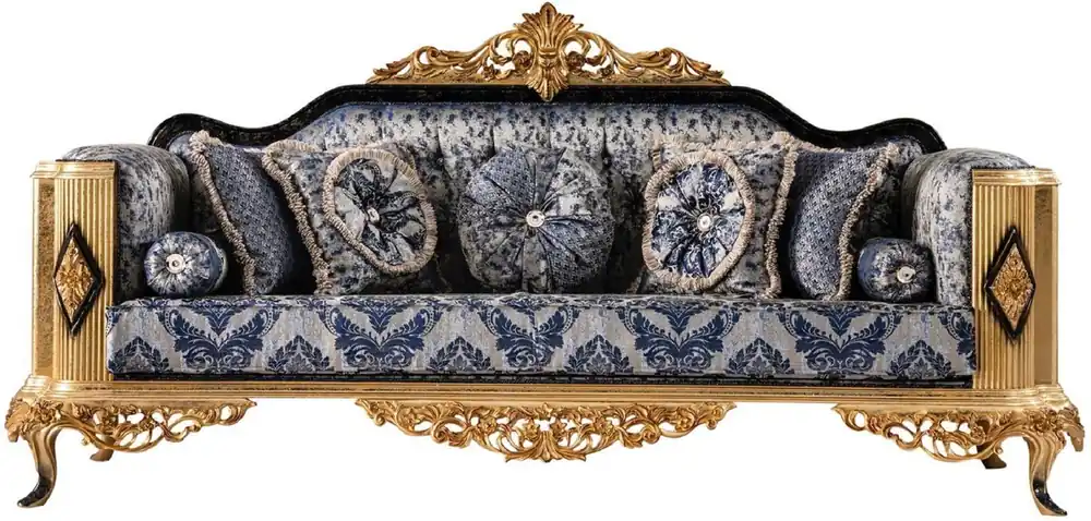 Casa Padrino Luxus Barock Sofa Blau / Schwarz / Gold - Prunkvolles Wohnzimmer Sofa - Barockstil Wohnzimmer Möbel - Luxus Möbel im Barockstil - Barock Wohnzimmer Einrichtung Sale