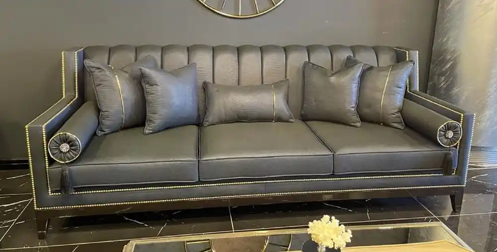 Im Trend Casa Padrino Luxus Art Deco Sofa Grau / Schwarz - Handgefertigtes Massivholz Wohnzimmer Sofa - Luxus Art Deco Wohnzimmer Möbel