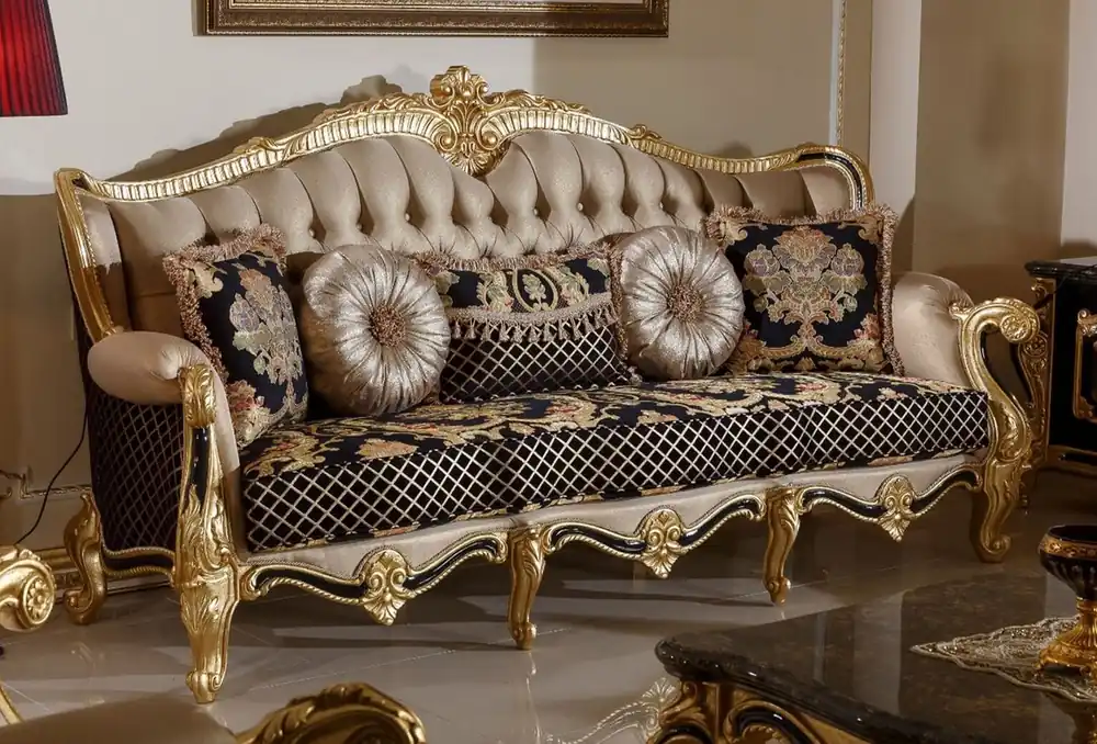 Sichere Zahlung Casa Padrino Luxus Barock Sofa Gold / Schwarz / Mehrfarbig / Gold - Prunkvolles Wohnzimmer Sofa mit elegantem Muster - Barock Wohnzimmer Möbel