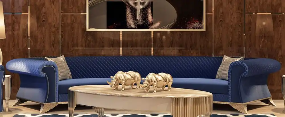 Casa Padrino Luxus Art Deco Sofa Blau / Gold - Gebogenes Wohnzimmer Sofa - Hotel Sofa - Luxus Art Deco Wohnzimmer & Hotel Möbel Wochenendangebot