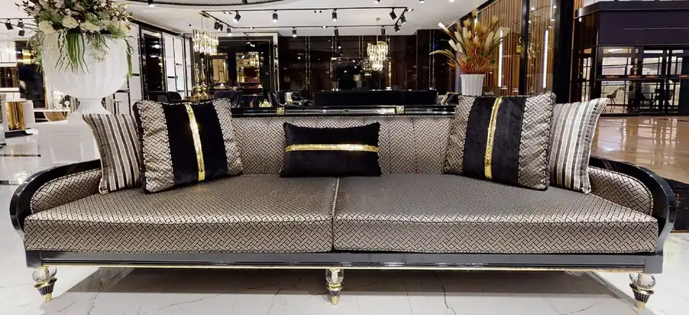 Casa Padrino Luxus Art Deco Sofa Gold / Cremefarben / Schwarz / Gold - Art Deco Wohnzimmer & Hotel Möbel - Luxus Kollektion Zertifiziert