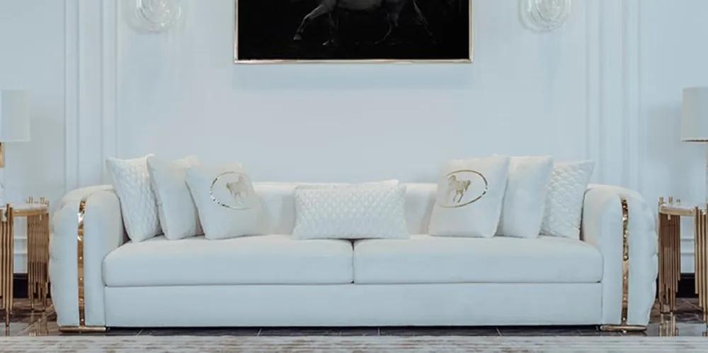 Casa Padrino Luxus Sofa Weiß / Gold 265 x 83 x H. 73 cm - Modernes Wohnzimmer Sofa - Wohnzimmer & Hotel Möbel - Luxus Kollektion Kostenloser Versand