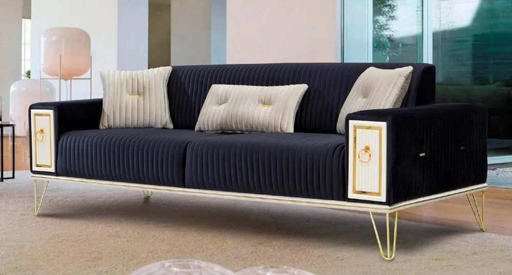 Top-Preis Casa Padrino Luxus Schlafsofa Dunkelblau / Weiß / Gold 220 x 90 x H. 80 cm - Modernes Wohnzimmer Sofa - Wohnzimmer Möbel