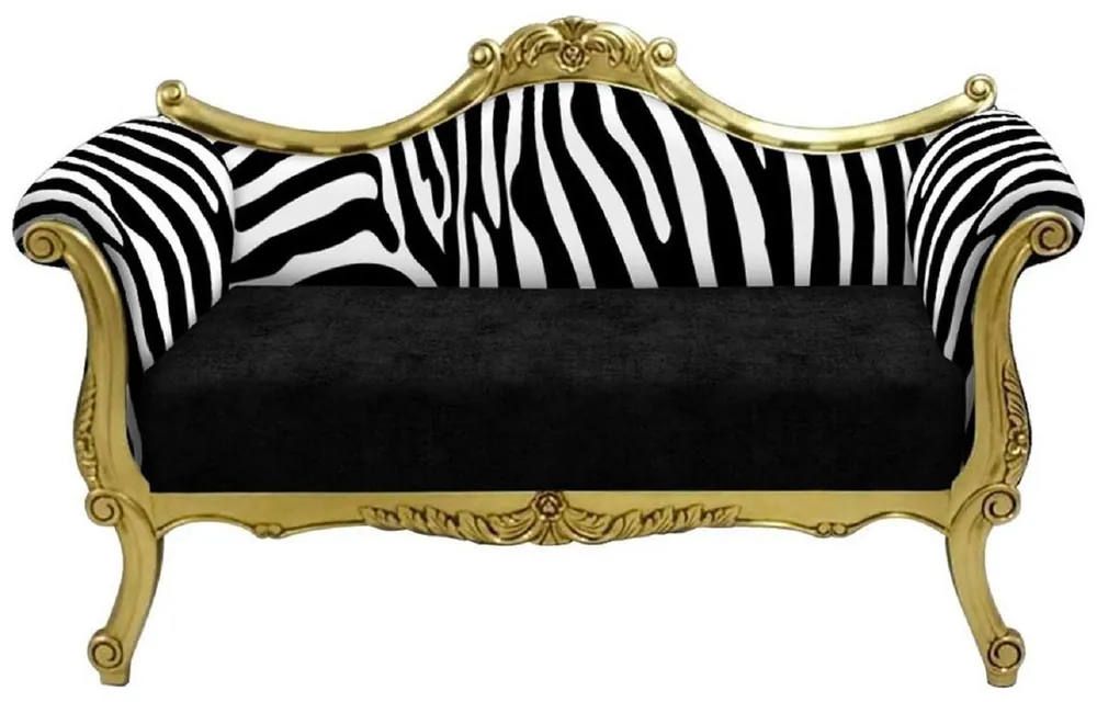 Handgefertigt Casa Padrino Barock Sofa mit Zebra Muster Schwarz / Weiß / Gold - Handgefertigtes Wohnzimmer Sofa im Barockstil - Barock Wohnzimmer Möbel
