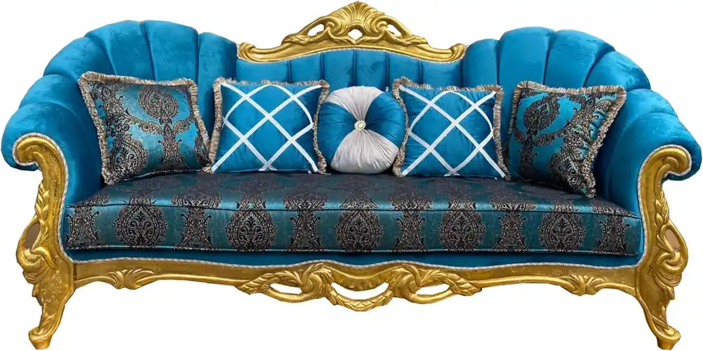 Casa Padrino Luxus Barock Sofa Türkismuster / Gold 220 x 90 x H. 110 cm - Prunkvolles Wohnzimmer Sofa mit Glitzersteinen und dekorativen Kissen Beliebt